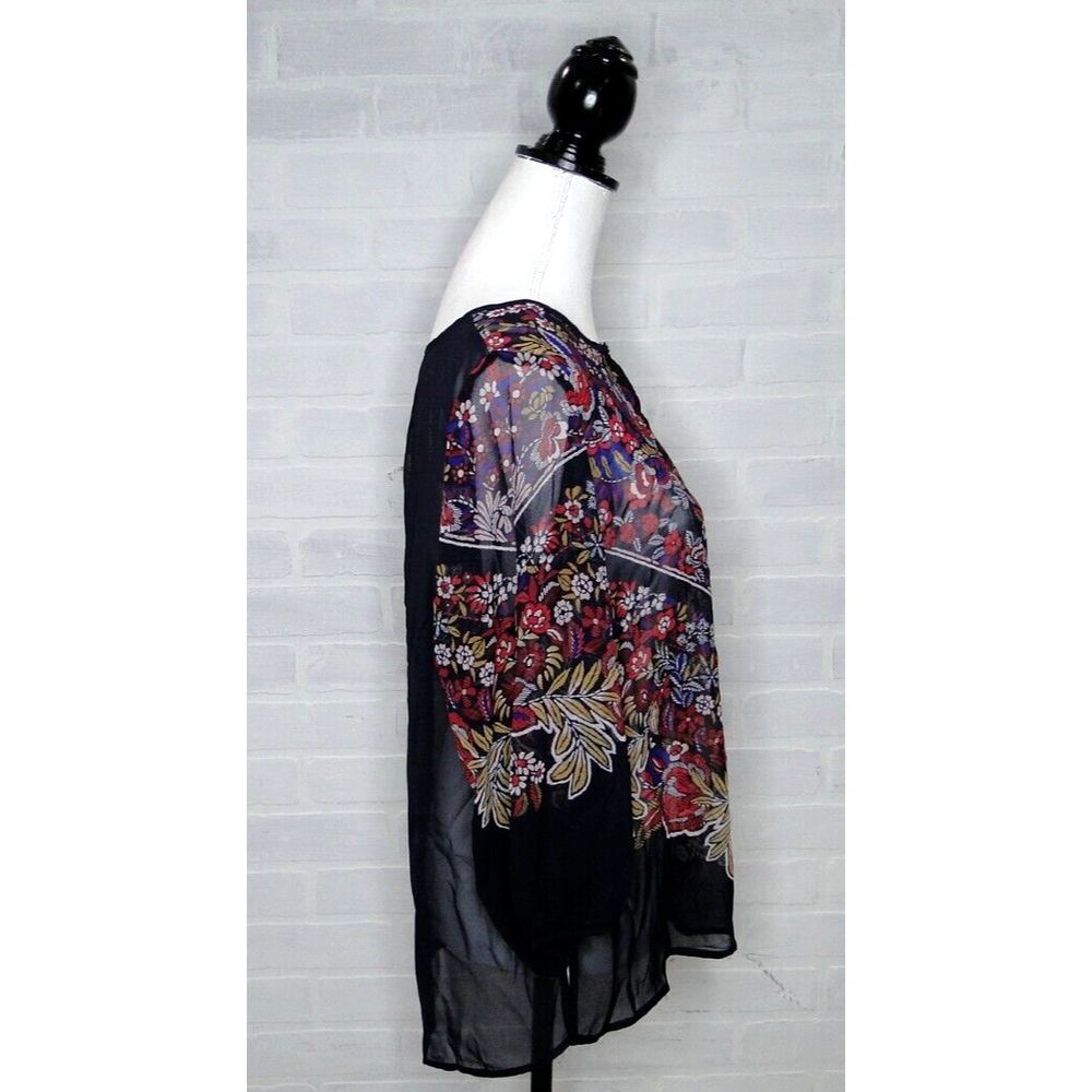 Liz Claiborne Women's Large 3/4 Length Floral Blouse Red Blue Sheer Overlay Top - Picture 4 of 6